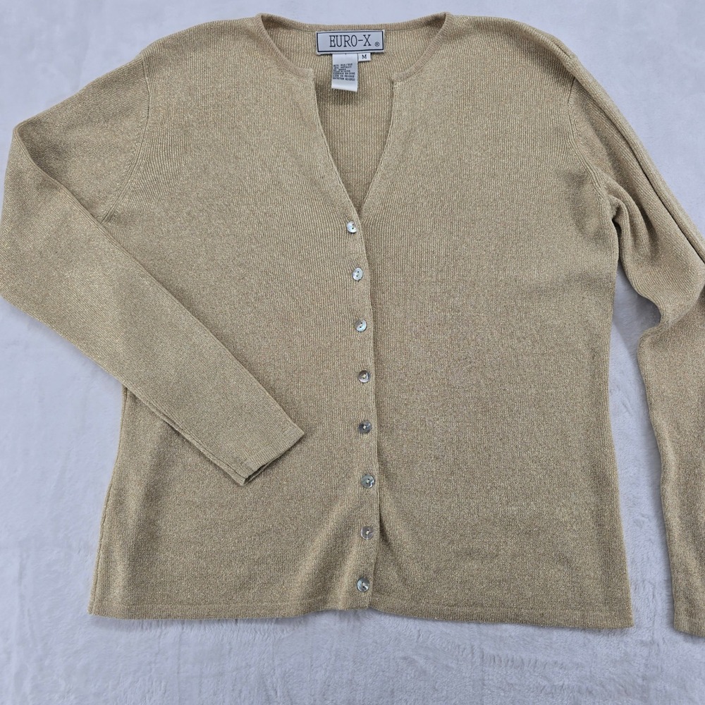 EURO-X Cardigan Womens‎ M Sweater Gold Silk Metallic Knit Button Front V-Neck